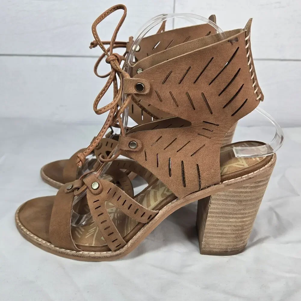 Dolce Vita Luci Ghillie Sandals Brown Tan Leather Lace Up Block Heel Size 8